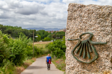 Pilgrim out of focus walks along the Camino de Santiago (Sant James Way) carrying a backpack next to a column on focus with the shell symbol of the Camino Santiago de Compostela - obrazy, fototapety, plakaty