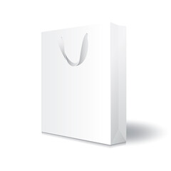 Blank white paper shopping bag or gift bag with ribbon handles mock up template.
