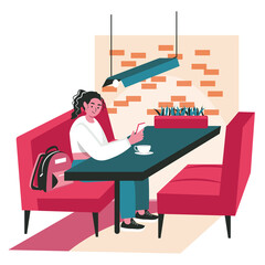 People use smartphones in different locations scene concept. Woman sits in cafe and browsing at mobile phone, networking or chatting people activities. Vector illustration of characters in flat design