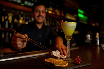Barkeeper putting dried flowers near cocktail