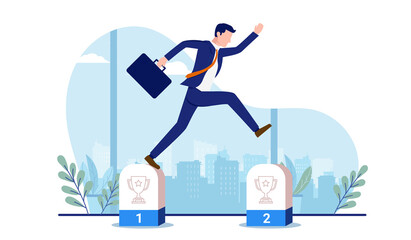 Business milestones - Businessman jumping in air reaching milestone with briefcase in hand. Vector illustration with white background