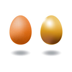 A couple of brown chicken egg and gold egg.