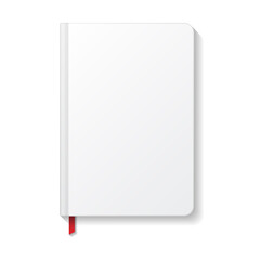 Blank white book or notebook rounded edges with red ribbon bookmark top view mockup template.