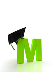 Letter M with student cap on isolated background in blue for back to school.