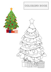 Christmas tree with decorations and gifts. Greeting card concept. Coloring book or page with option. Vector black and white illustration isolated on white background.