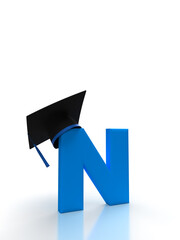 Letter N with student cap on isolated background in blue for back to school.