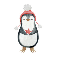 Watercolor Christmas illustration with cute penguin and star.