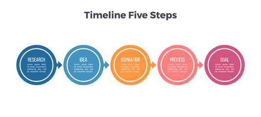 Business process. Timeline infographics with 5 steps, options, sections. Vector template.
