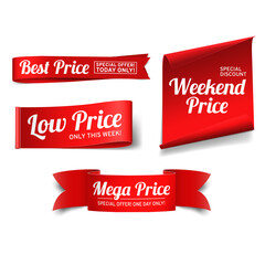 A set of red paper banners for offers. Isolated on white background. Realistic style. Graphic elements for design. Stock vector illustration.
