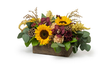 Upscale Autumn Flower Arrangement with Sunflowers - Mixed Fall Season Flowers in a wood box container designed by professional florist