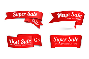 A set of red paper sale banners. Isolated labels on white background. Realistic style. Graphic elements for design. Stock vector illustration.