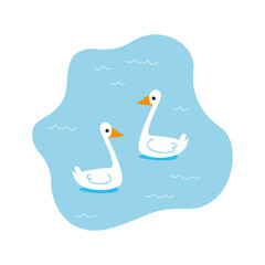 Pond with two swans in cartoon flat style. Children s hand drawing of white birds floating in the lake. Vector illustration of natural object isolate on white background