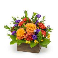 Contemporary Mixed flower arrangement for Autumn fall season with orange roses carnations lisianthus in a wood box container - rustic country - floral design by florist in flower shop