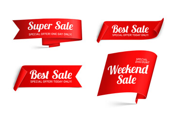 A set of red paper sale banners. Isolated on white background. Realistic style. Graphic labels for design. Stock vector illustration.