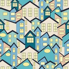 Vector seamless pattern with houses. Different houses with lights in the windows. Windows of different sizes and shapes. Blue color scale. 