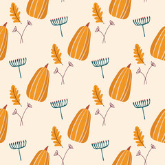 Vector hand drawn seamless repeating pattern with hand drawn pumpkins, oak leaves and floral elements