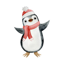 Watercolor Christmas illustration with cute penguin.