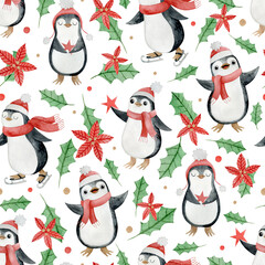 Watercolor Christmas seamless pattern with cute penguins and Christmas flowers.