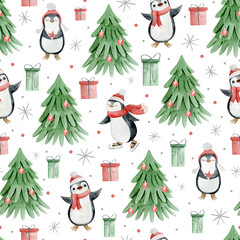 Watercolor Christmas seamless pattern with cute penguins, trees and presents.