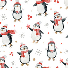 Watercolor Christmas seamless pattern with cute penguins.