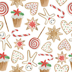 Watercolor seamless pattern with christmas sweets.