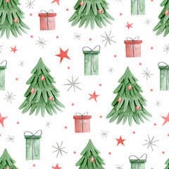 Watercolor seamless pattern with christmas trees and presents.