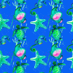 Obraz na płótnie Canvas Marine seamless pattern.watercolor tropical seamless pattern blue background. Turtles and corals. illustration of tropical fish, shells, corals and other marine life, drawn by hand. Watercolor .