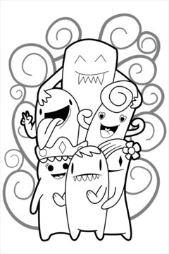 Funny family monsters Doodle Cute background. coloring book Vector illustration