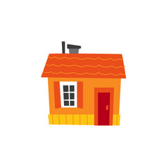 One-story small orange house with one window. Vector illustration in cartoon children s style. Isolated funny clipart on a white background. Cute housing print
