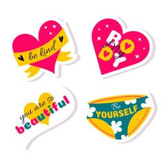 A set of stickers with positive motivational phrases with hearts and women's panties. Body positive, self-love, beauty. Vector illustration