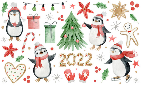 Watercolor Christmas illustration with penguins.