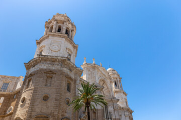 Façade of beautiful Cathedral of Cadiz, View of main entrance.  Roman Catholic church in Cádiz, southern Spain.  Architect Vicente Acero. Neoclassical style.  © alexemarcel
