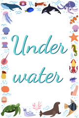 Frame template with cartoon sea animals. Ocean rectangle composition with whale, turtle and fur seal, sea horse, sell and star. Underwater life.