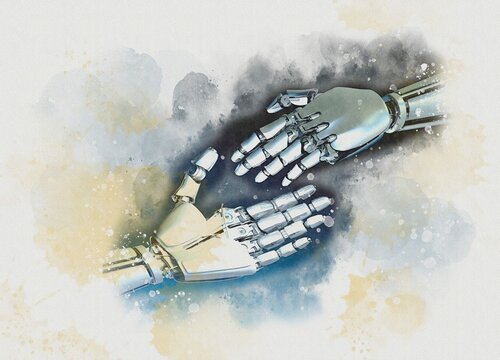 Robots shaking hands, illustration