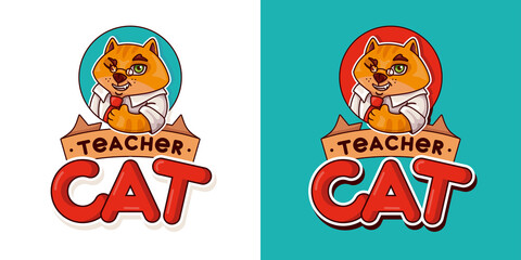 Logo vector cat teacher, a fun colorful logo. A red cat in a shirt and glasses shows "Thumbs up".