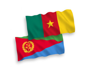 National vector fabric wave flags of Eritrea and Cameroon isolated on white background. 1 to 2 proportion.