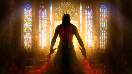 The silhouette of the king on his knees, he holds two whips for self-flagellation in the middle of a Gothic cathedral with bright sunny stained glass windows , his back is wounded and bleeding 2d - obrazy, fototapety, plakaty