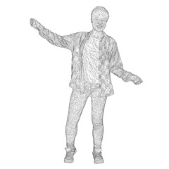 Wireframe of laughing man with raised arms isolated on white background. 3D. Vector illustration
