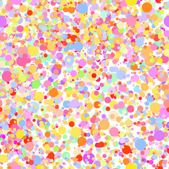 Abstract hand drown polka dots background. White dotted seamless pattern with rainbow circles. Template design for for Birthday, party holiday, banner, textile, fabric. Summer confetti illustration
