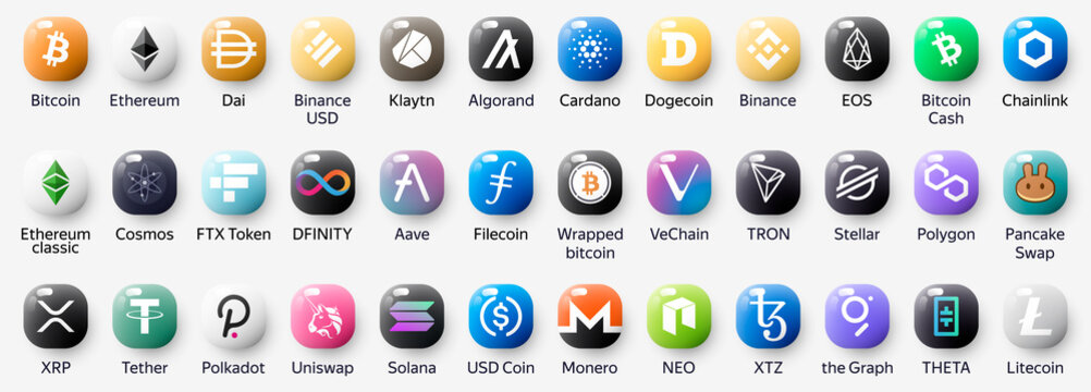 Big Full collection of icons - buttons - logos of top cryptocurrencies. Realistic 3D glossy rounded corners buttons with shadow. Vector illustration Ai and Eps file	