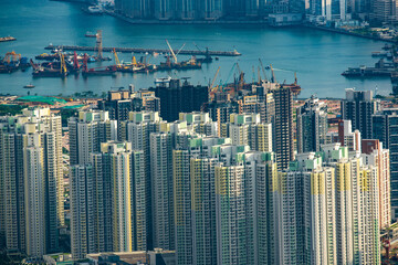 Hong Kong Victoria harbor city landscape, business downtown urban with skyline building tower, Asia district scene of skyscraper architecture view to travel