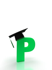 Letter P with student cap on isolated background in green for back to school.