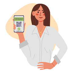 Certificate of vaccination vector flat cartoon illustration. Young women showing smartphone with vaccine QR code in mobile app or screen. Covid-19 coronavirus vaccine certificate