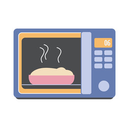 A flat microwave oven icon in blue with a pie inside. The food is heated in the oven. Vector hand drawn illustration, isolate on white