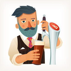 Fototapeta na wymiar Bearded bartender wearing white shirt and black vest pouring full glass of red beer with frothy foam with bar tap. Isolated vector illustration 
