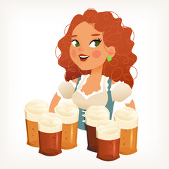 Pretty girl waitress with curly ginger hair and big eyes serving many mugs of beer in hands at pub party. Isolated vector illustration 