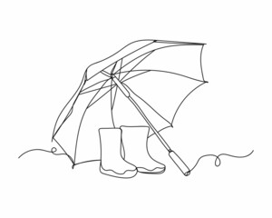 Continuous one line drawing of umbrella and gumboots icon in silhouette on a white background. Linear stylized.