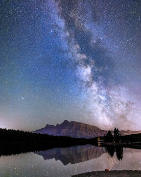 The Milky Way over Mount Rundle and Two Jack Lake in Banff, Alberta, Canada