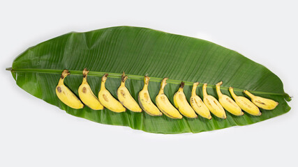 ripe banana placed on banana leaf. local name bangla kola. top view stdio shoot.