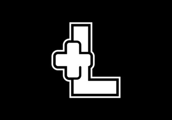 Initial L monogram alphabet with a plus logo sign white in black background. Font emblem. Modern vector logo for medical or health business, and company identity